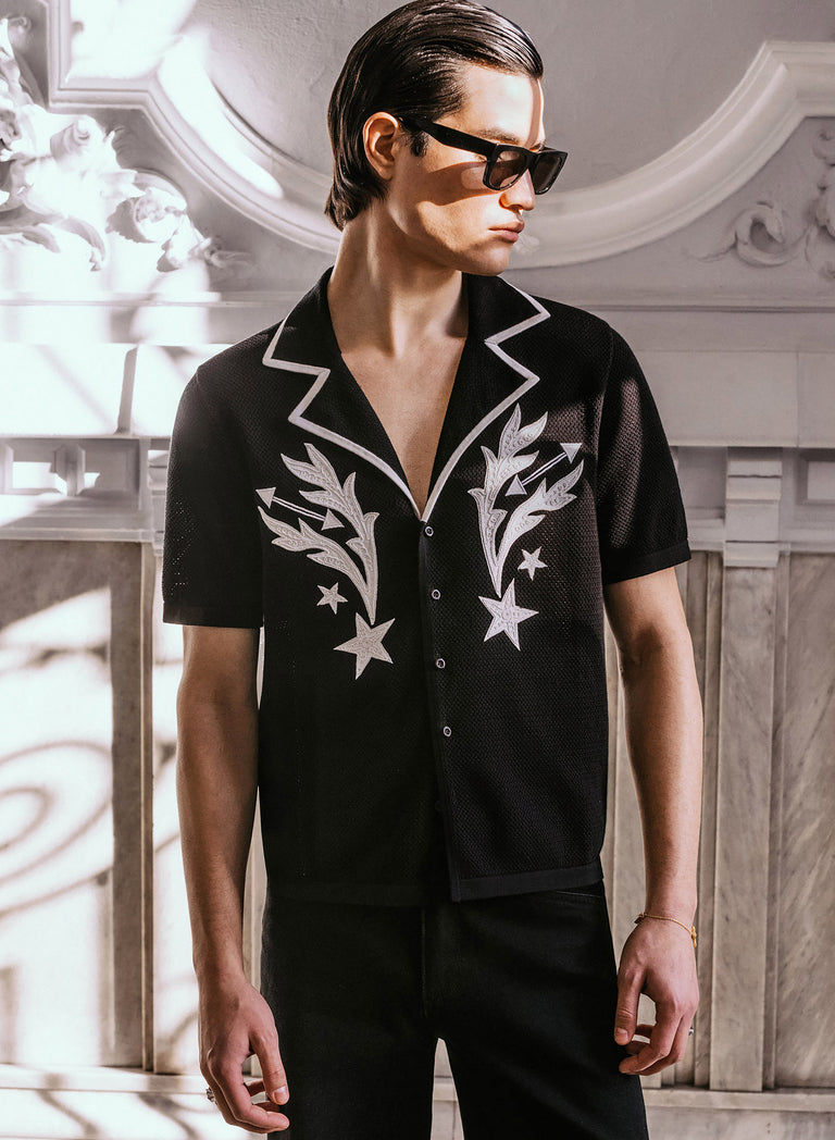 Black Embroidered Western Short Sleeve Shirt