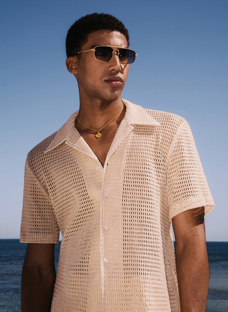Gold Metallic Crochet Cuban Shirt
