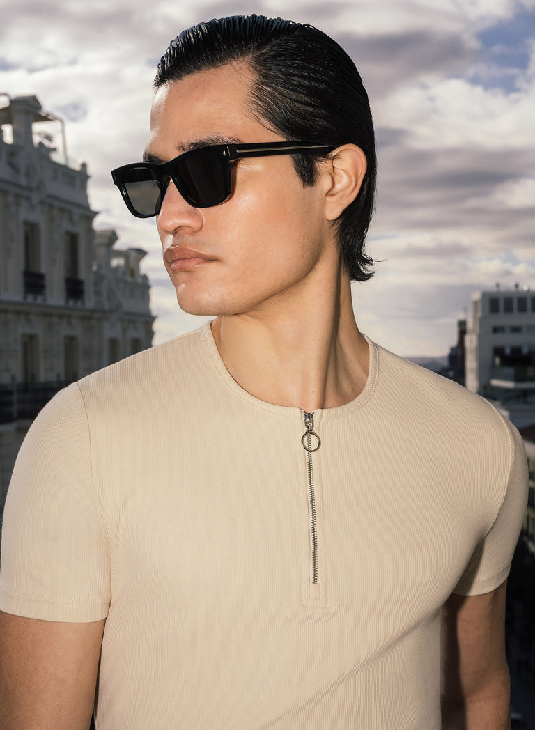 Beige Ribbed Cotton Henley Zip T-Shirt