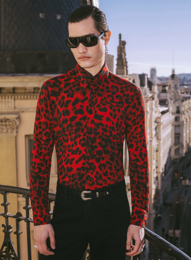 Red Leopard Point Collar Viscose Shirt