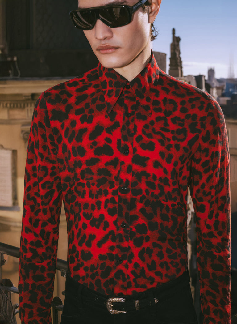 Red Leopard Point Collar Viscose Shirt