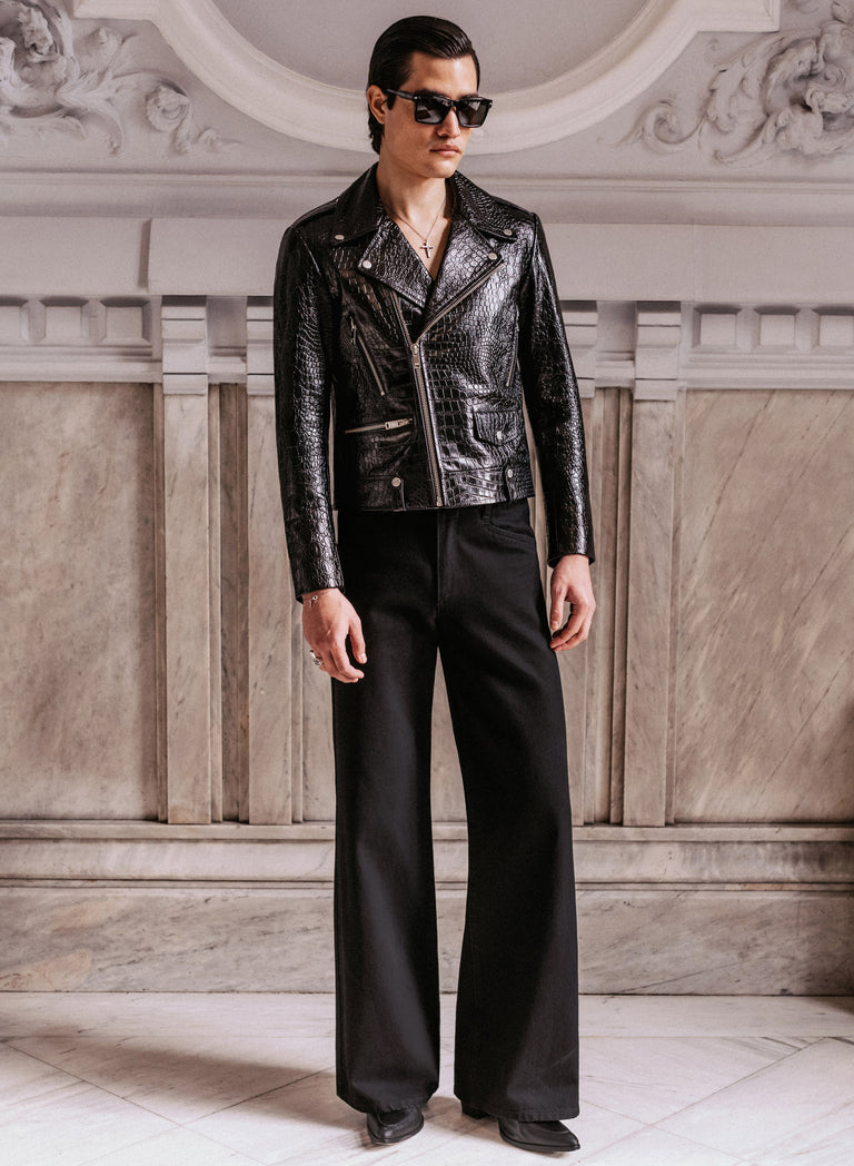 Black Cropped Croc Effect Leather Biker Jacket