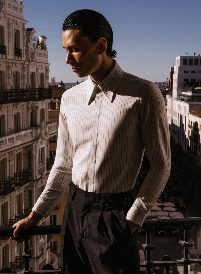White Pinstripe Point Collar Shirt