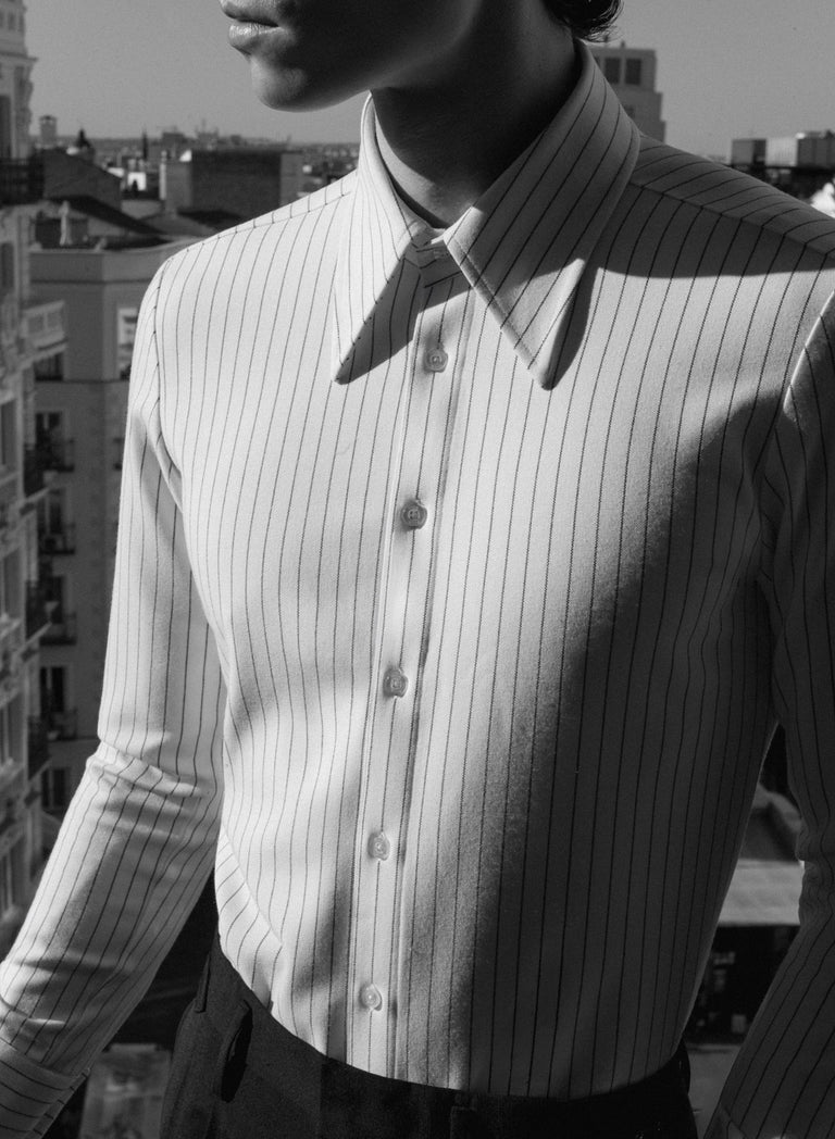 White Pinstripe Point Collar Shirt