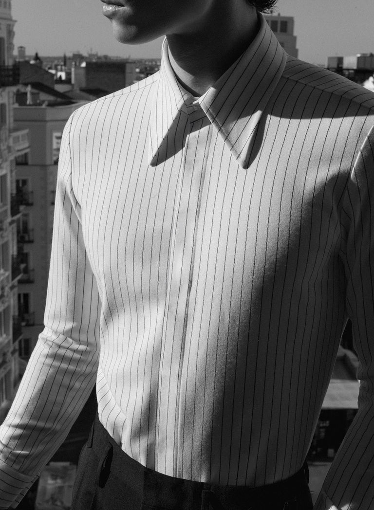 White Pinstripe Point Collar Shirt