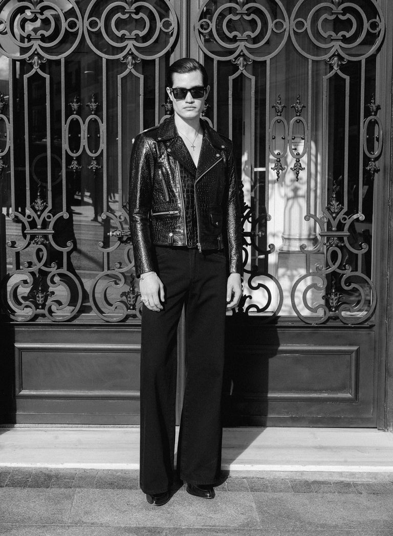 Black Cropped Croc Effect Leather Biker Jacket