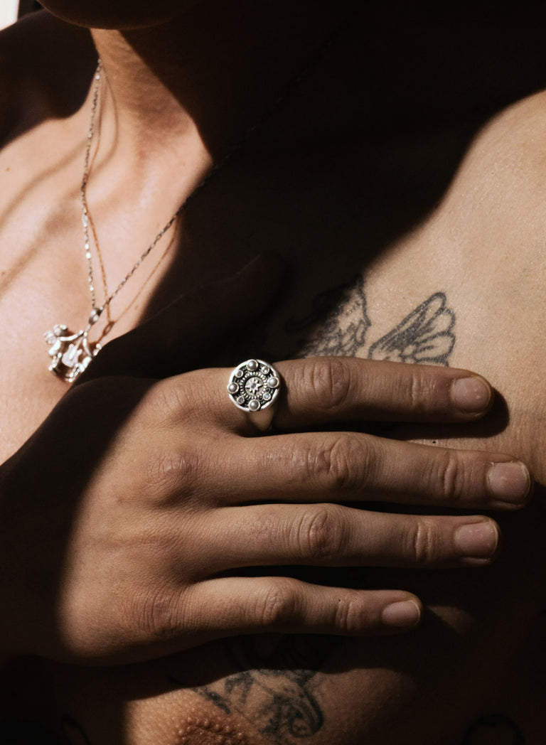 Silver Pearl & Crystal Signet Ring