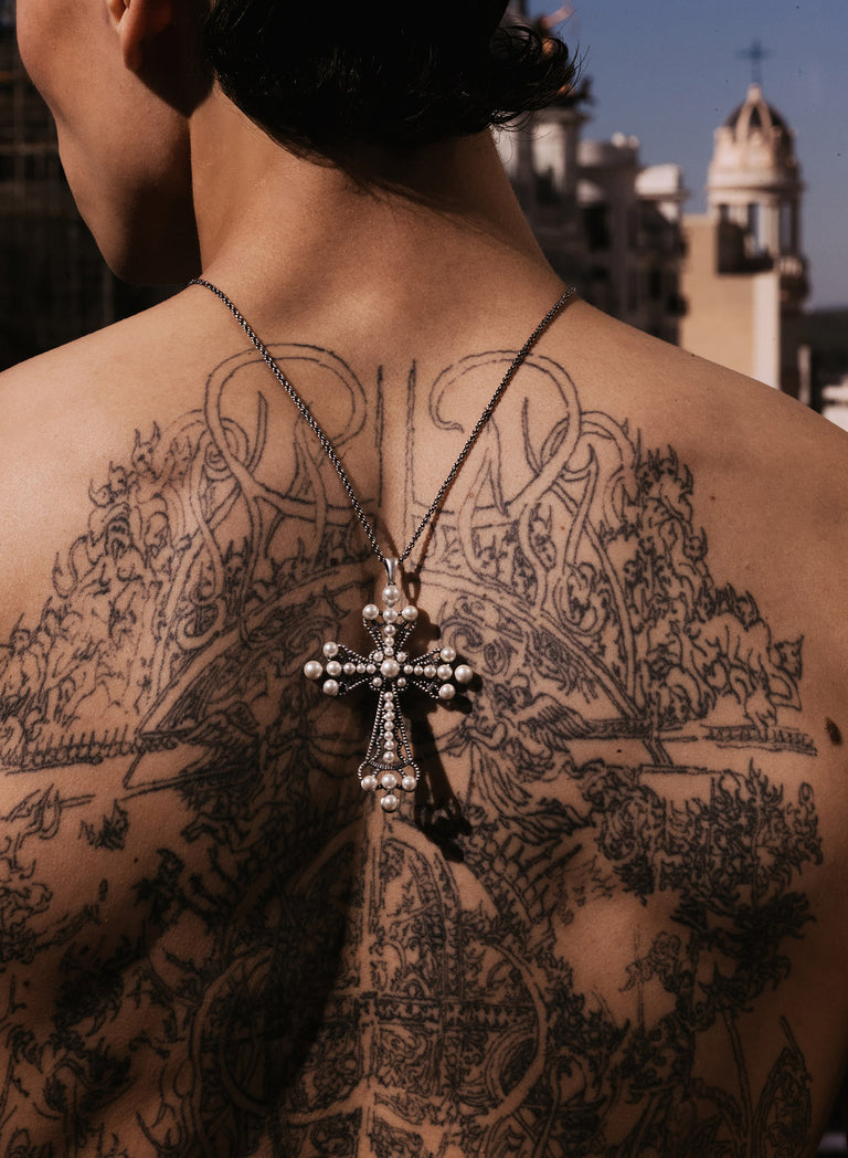 Silver Pearl Cross Necklace