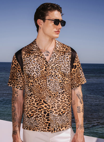 Leopard Print Black Panel Cuban Collar Viscose Shirt