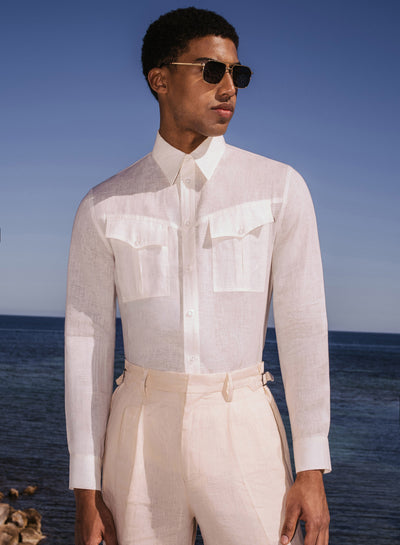 White Pure Linen Western Pocket Shirt