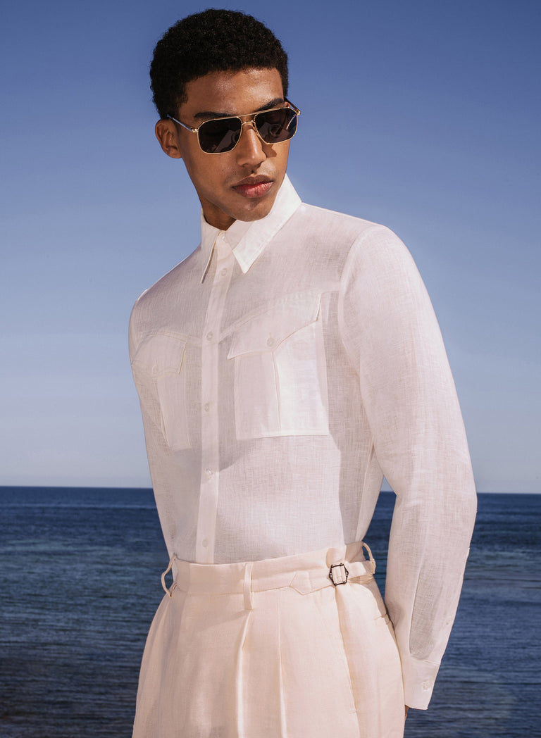 White Pure Linen Western Pocket Shirt