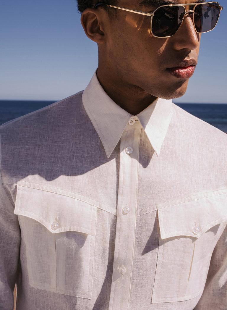 White Pure Linen Western Pocket Shirt