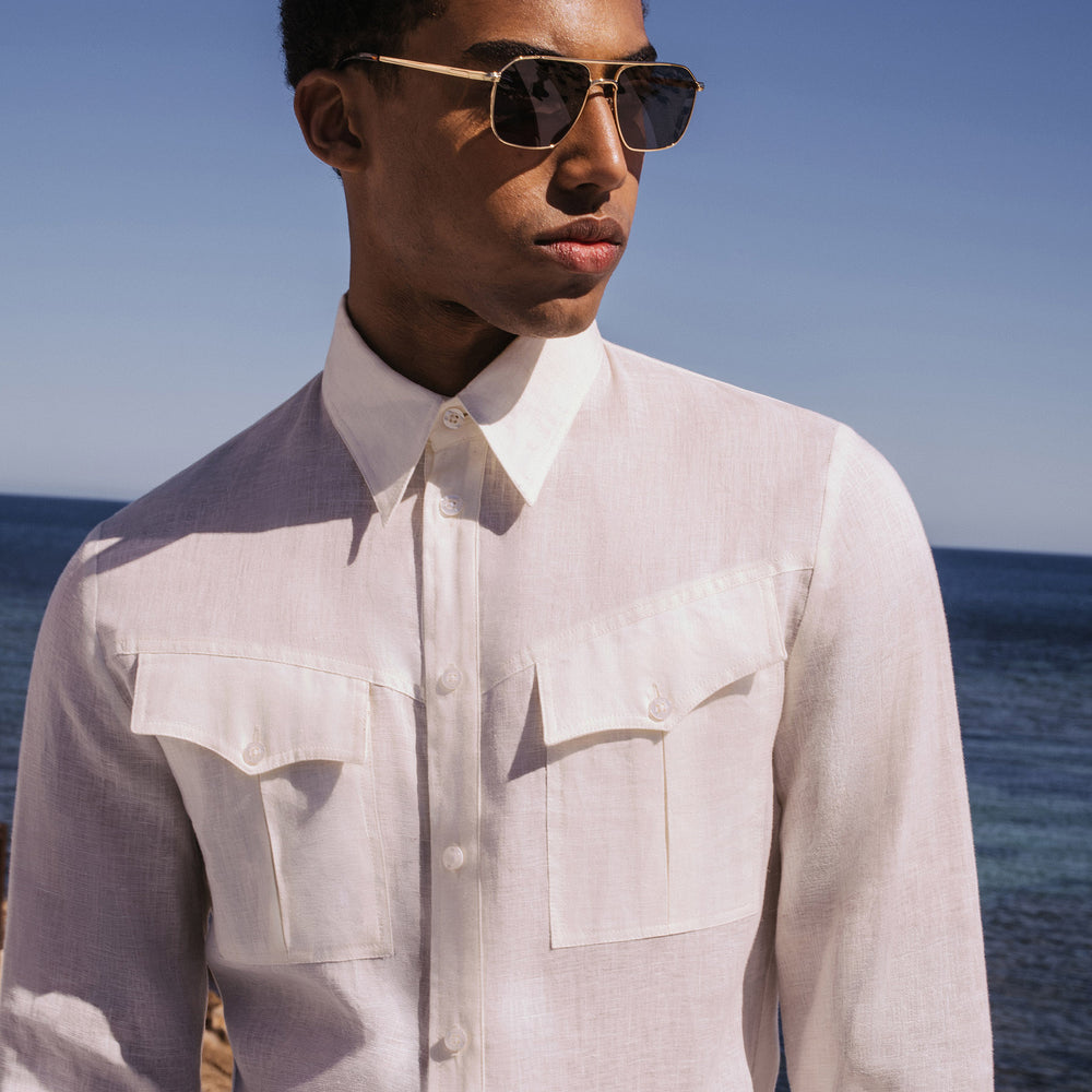 White Pure Linen Western Pocket Shirt & Phix