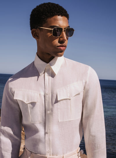 White Pure Linen Western Pocket Shirt