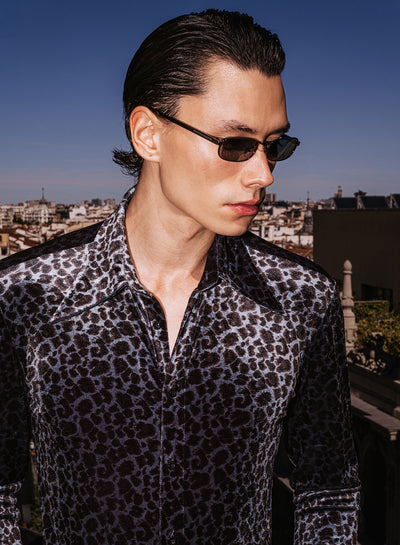 Blue Leopard Dagger Collar Velvet Shirt