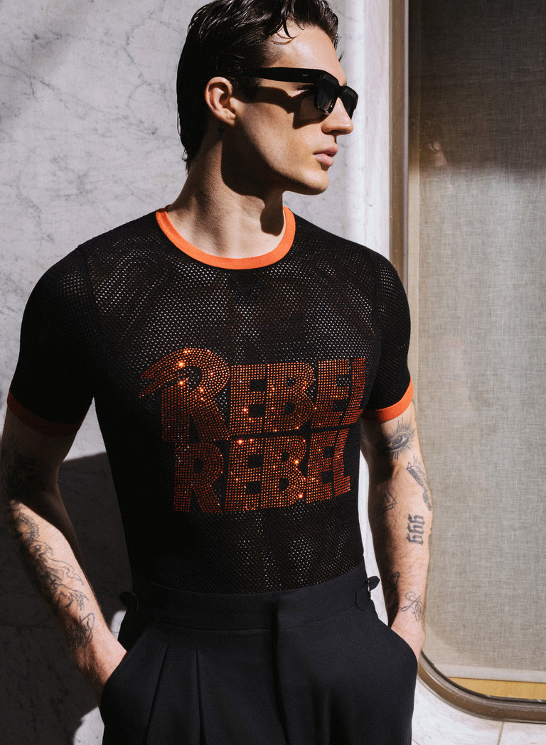 Phix X David Bowie Rebel Rebel Rhinestone Mesh T-Shirt