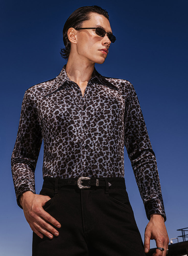 Blue Leopard Dagger Collar Velvet Shirt