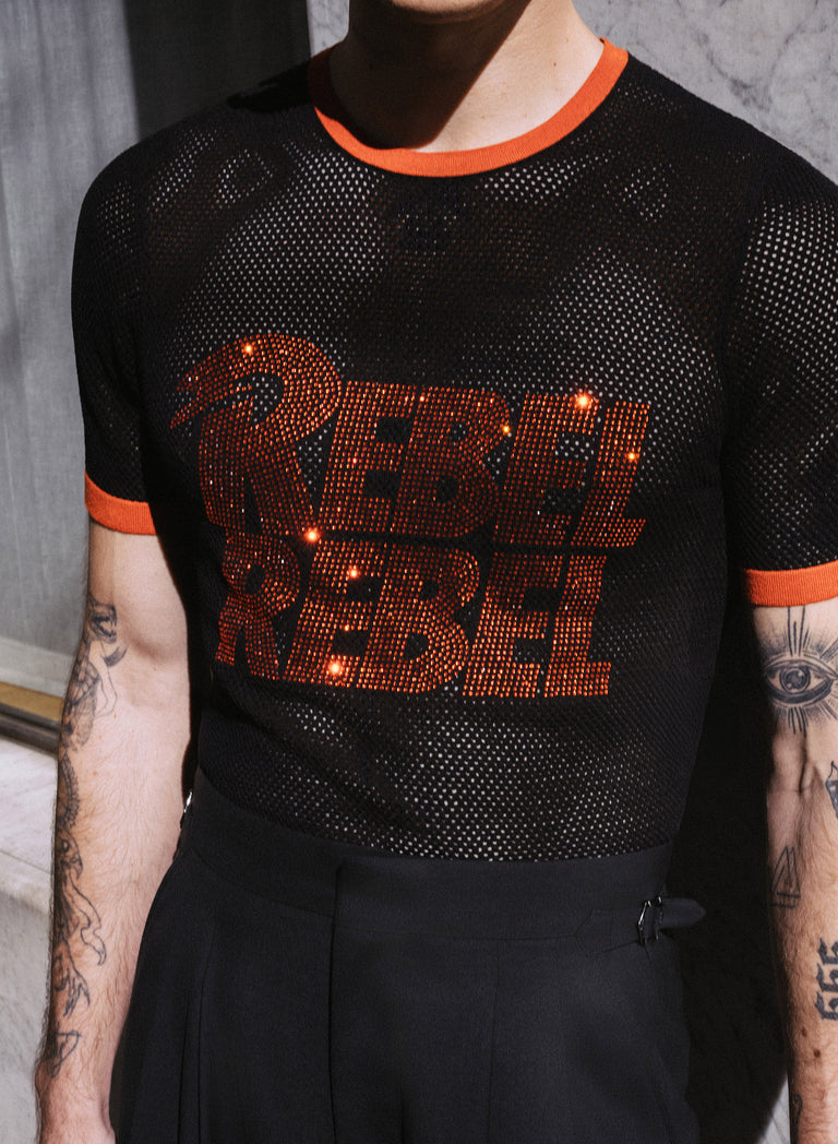 Phix X David Bowie Rebel Rebel Rhinestone Mesh T-Shirt