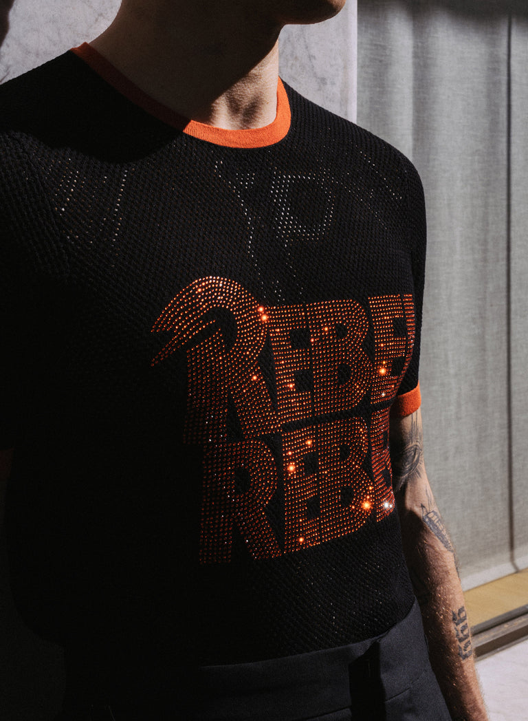 Phix X David Bowie Rebel Rebel Rhinestone Mesh T-Shirt