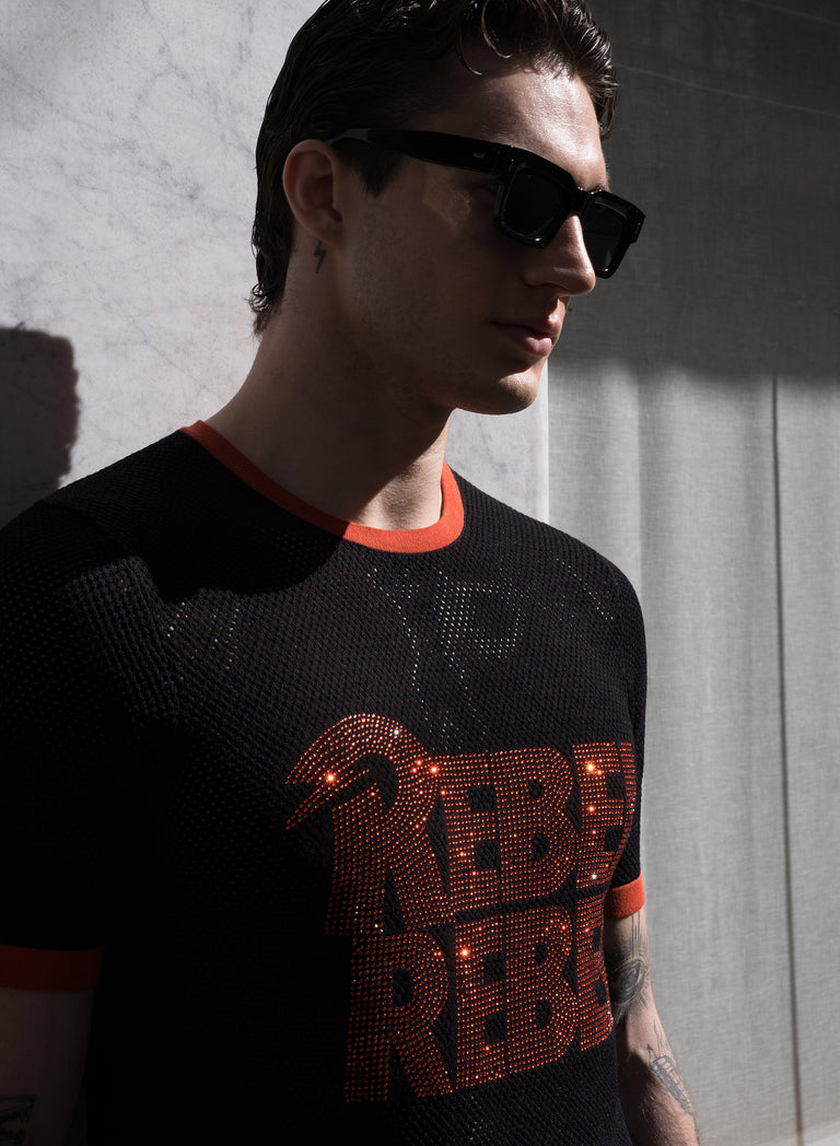Phix X David Bowie Rebel Rebel Rhinestone Mesh T-Shirt