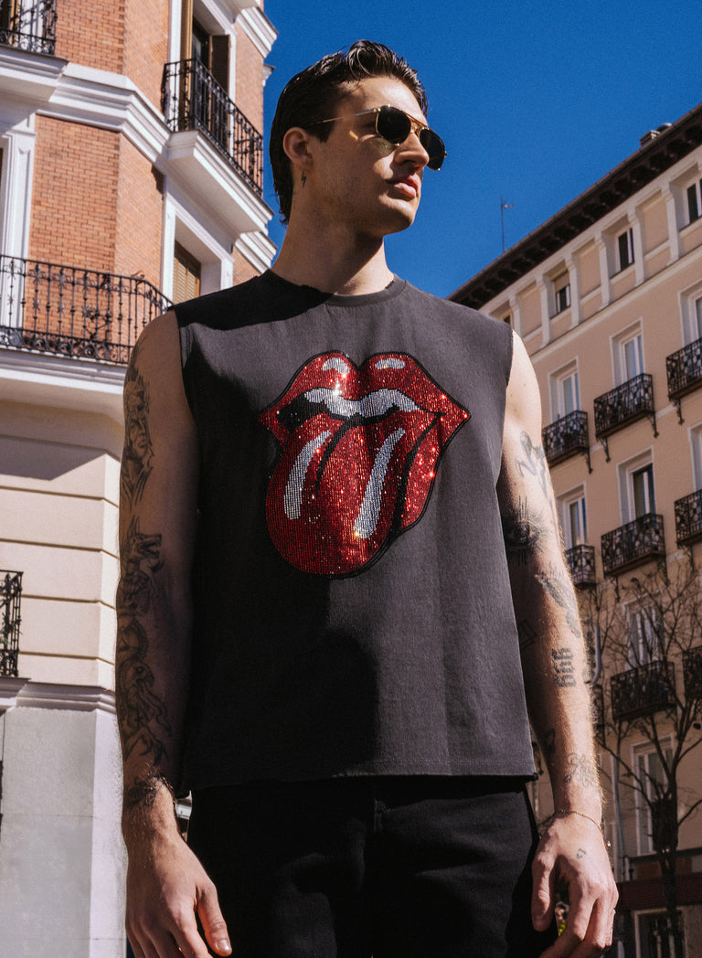 Phix X Rolling Stones Charcoal Acid Wash Sleeveless Rhinestone T-Shirt