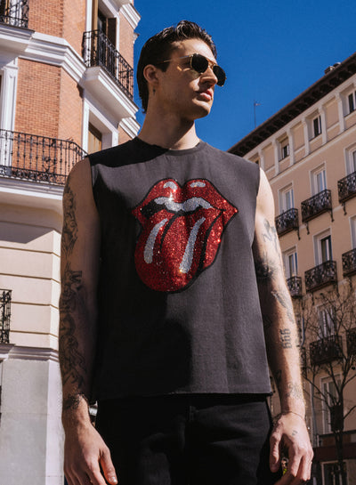 Phix X Rolling Stones Charcoal Acid Wash Sleeveless Rhinestone T-Shirt