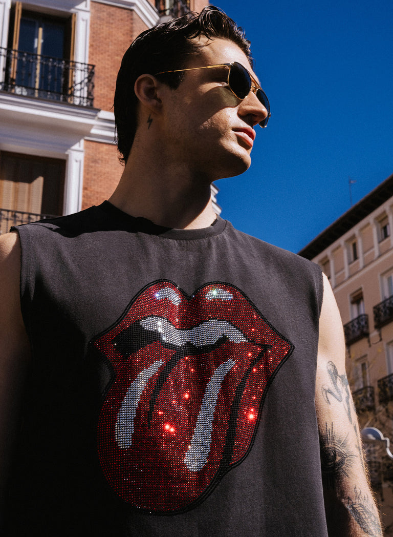 Phix X Rolling Stones Charcoal Acid Wash Sleeveless Rhinestone T-Shirt
