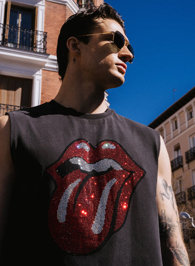 Phix X Rolling Stones Charcoal Acid Wash Sleeveless Rhinestone T-Shirt