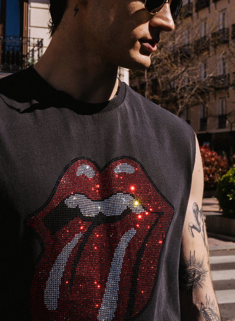 Phix X Rolling Stones Charcoal Acid Wash Sleeveless Rhinestone T-Shirt