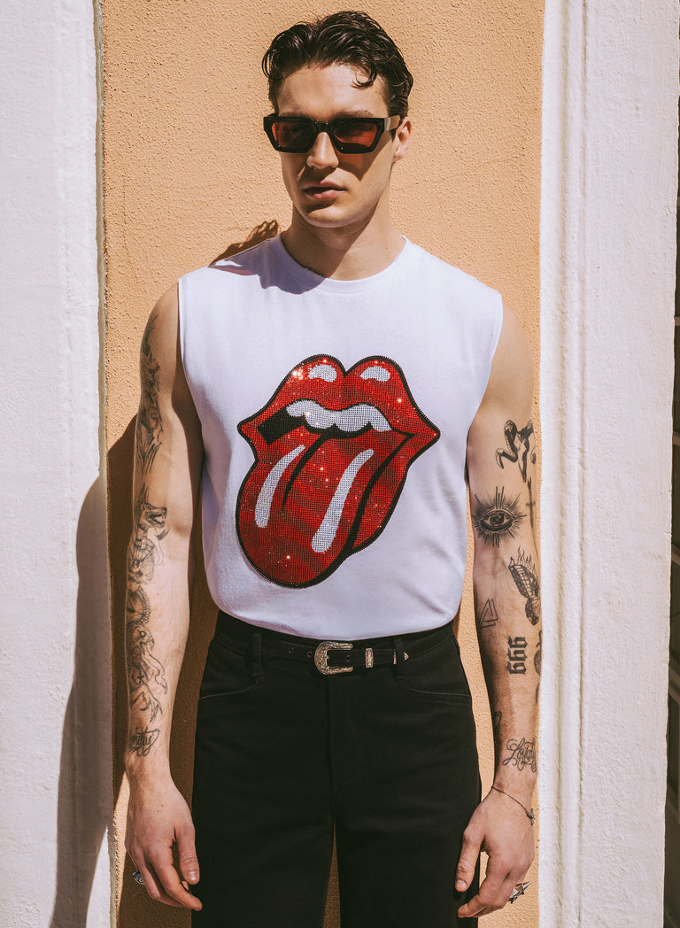 Phix X Rolling Stones White Sleeveless Rhinestone T-Shirt