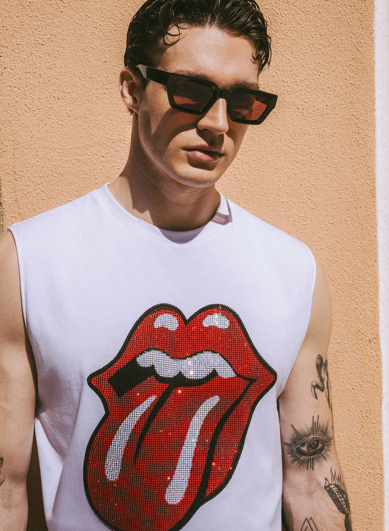 Phix X Rolling Stones White Sleeveless Rhinestone T-Shirt