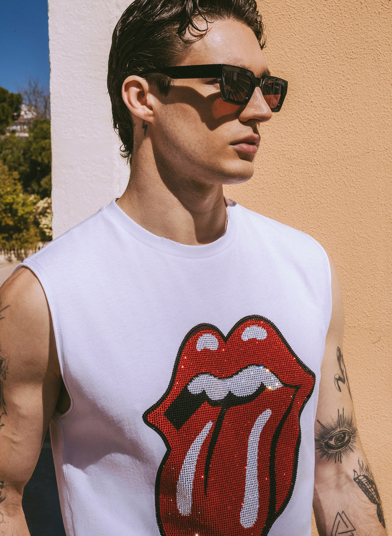 Phix X Rolling Stones White Sleeveless Rhinestone T-Shirt