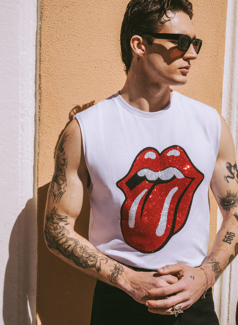 Phix X Rolling Stones White Sleeveless Rhinestone T-Shirt