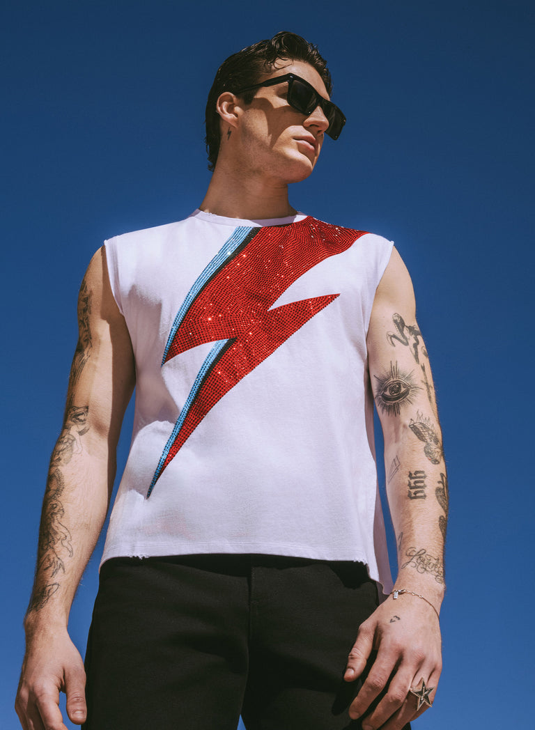 Phix X David Bowie White Sleeveless Rhinestone T-Shirt