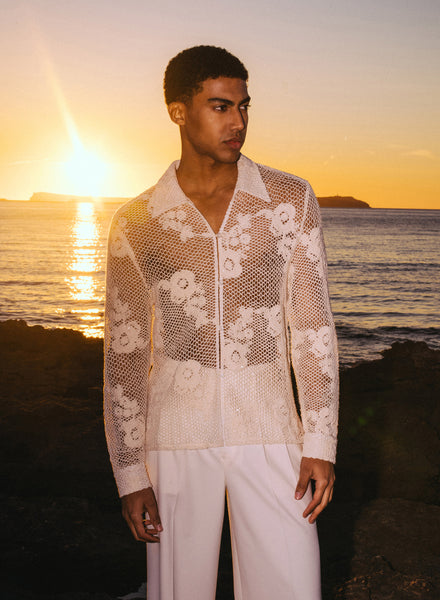 Off-white Long Sleeve Floral Sequin Crochet Shirt ‐ Phix