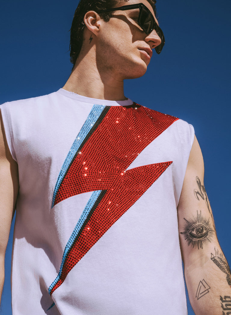 Phix X David Bowie White Sleeveless Rhinestone T-Shirt