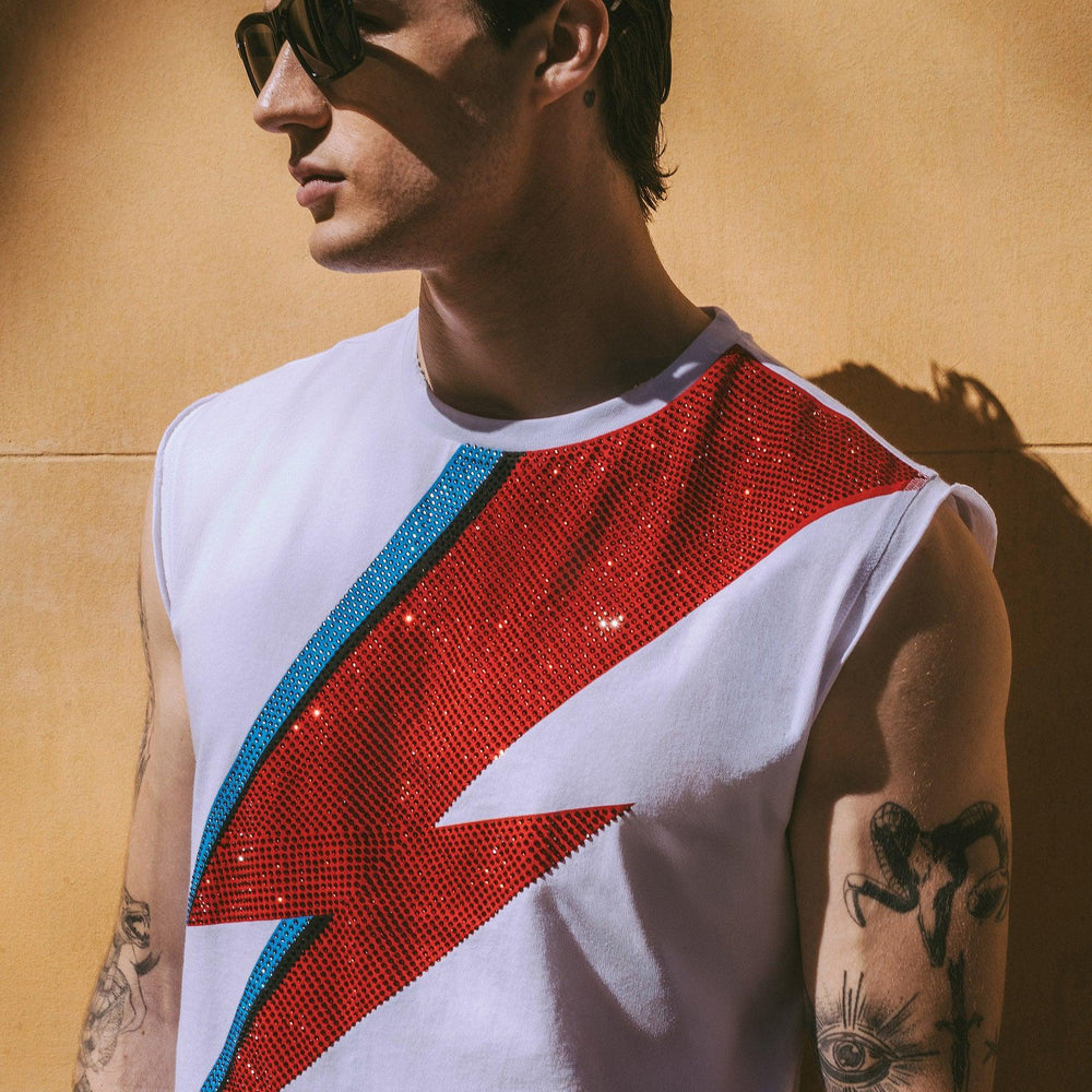 Phix X David Bowie White Sleeveless Rhinestone T-Shirt & Phix