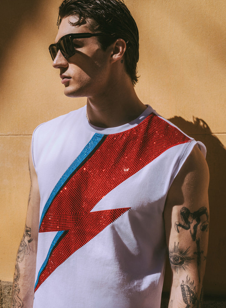 Phix X David Bowie White Sleeveless Rhinestone T-Shirt