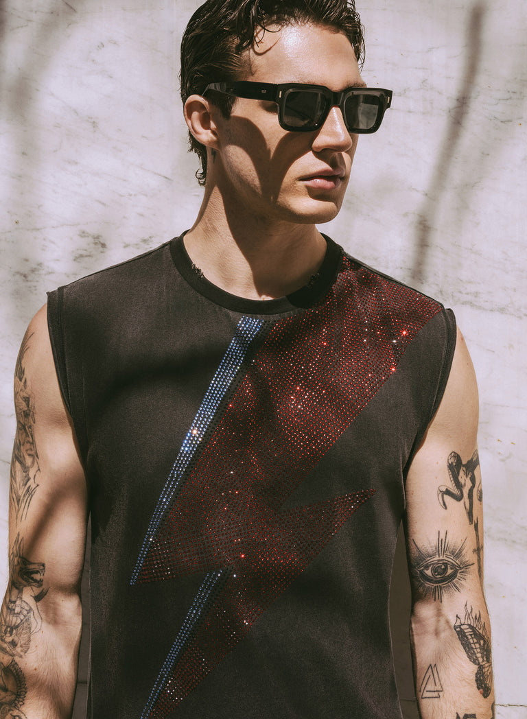 Phix X David Bowie Charcoal Acid Wash Sleeveless Rhinestone T-Shirt