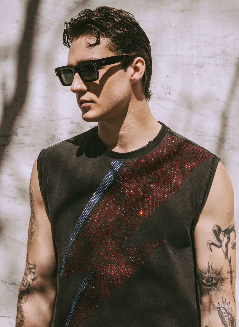 Phix X David Bowie Charcoal Acid Wash Sleeveless Rhinestone T-Shirt
