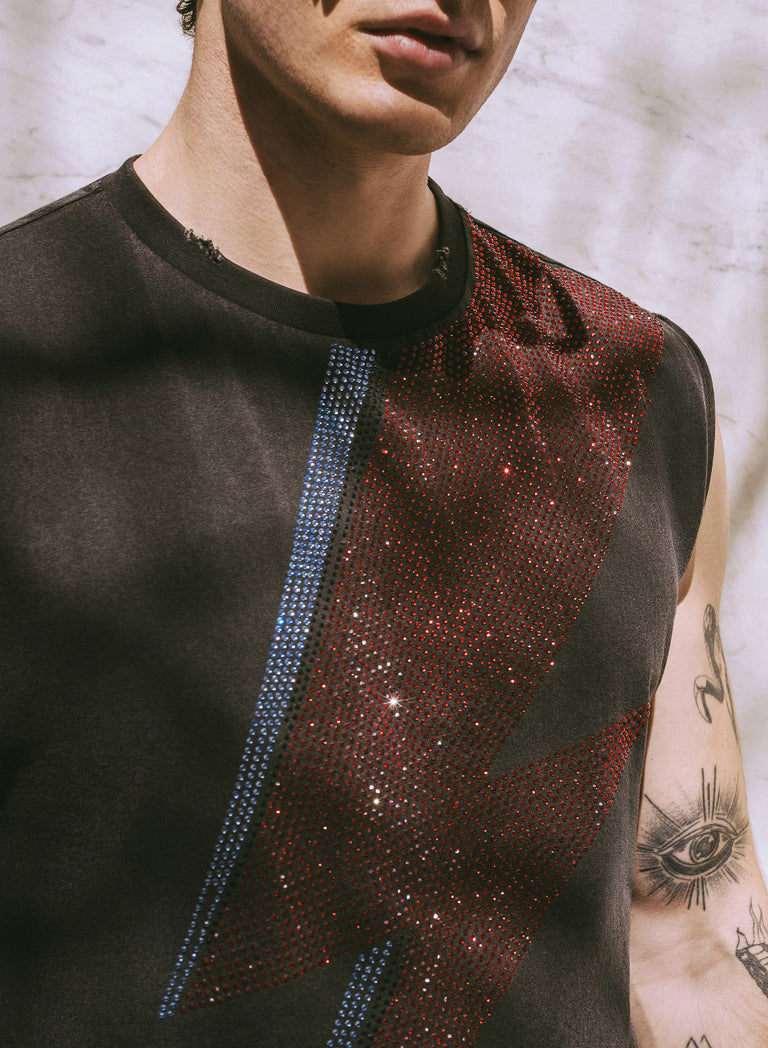Phix X David Bowie Charcoal Acid Wash Sleeveless Rhinestone T-Shirt