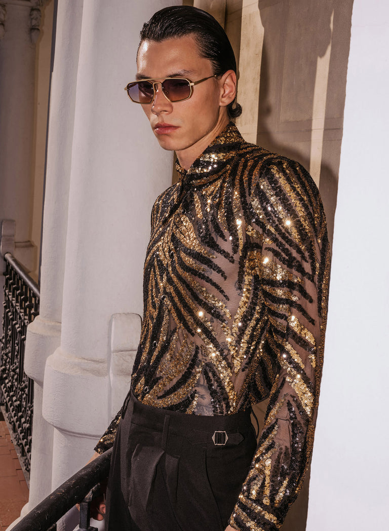 Black and Gold Zebra Sequin Embellished Shirt