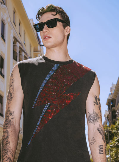 Phix X David Bowie Charcoal Acid Wash Sleeveless Rhinestone T-Shirt
