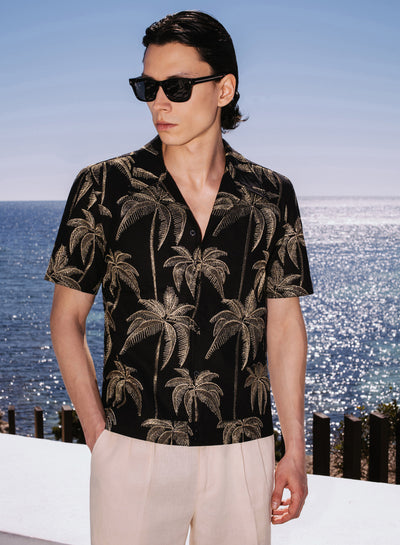 Black Viscose Gold Palm Embroidery Cuban Shirt