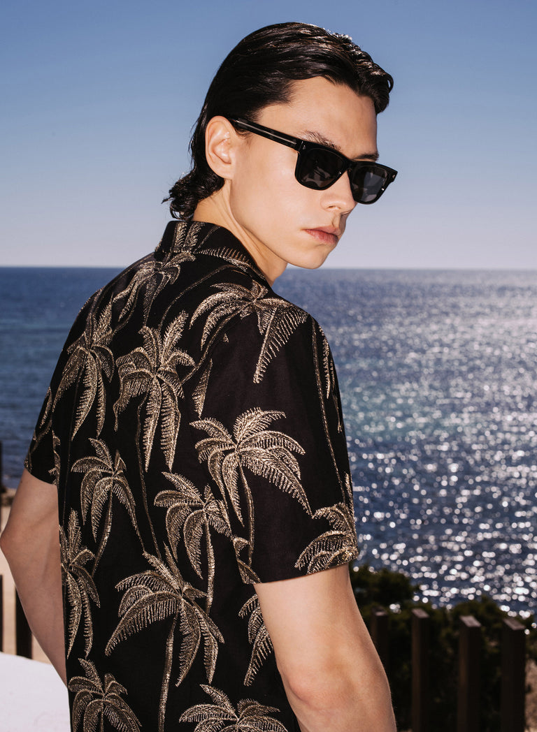 Black Viscose Gold Palm Embroidery Cuban Shirt