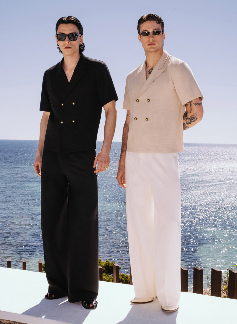 Beige Short Sleeve Linen Double Breasted Shirt