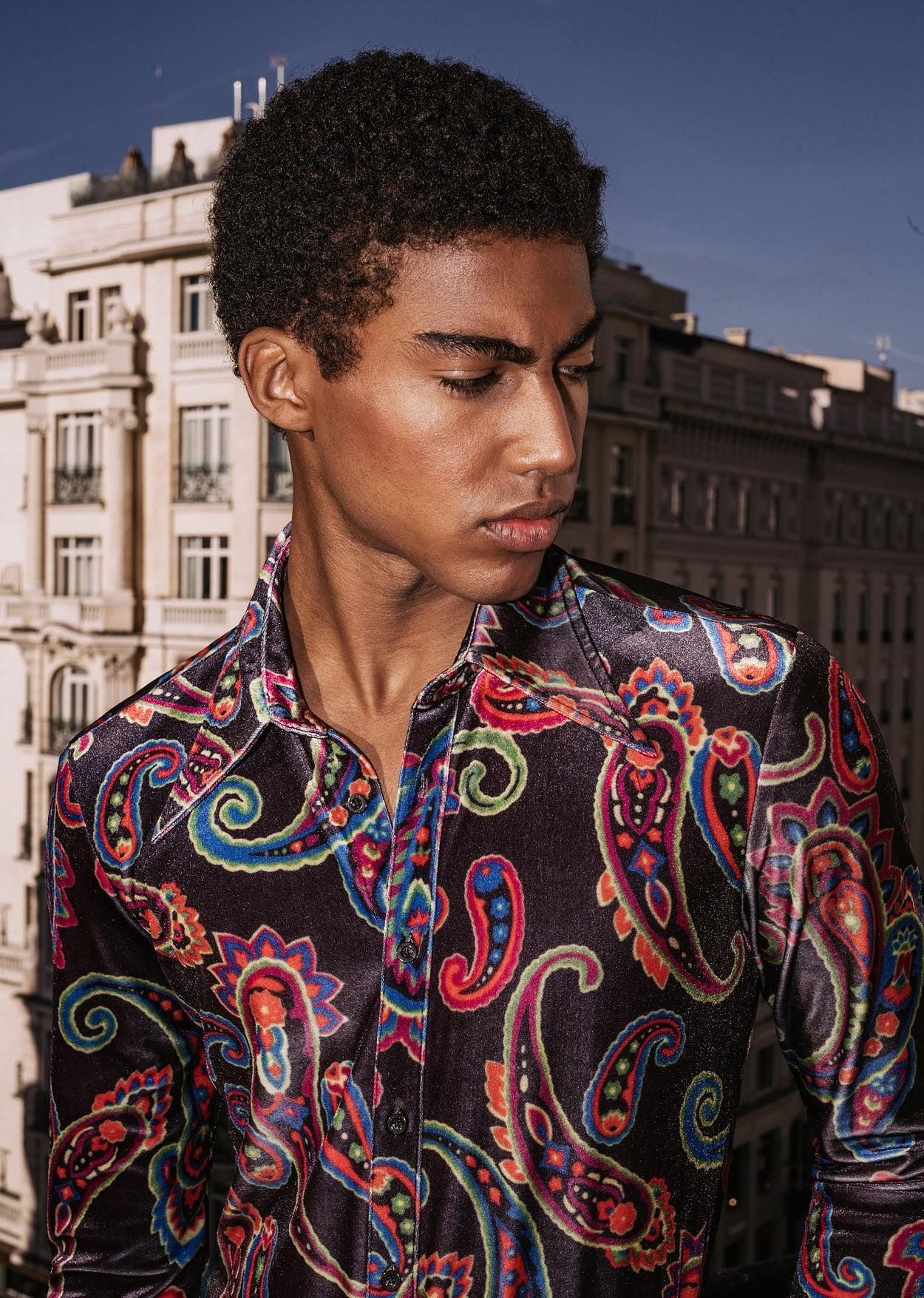 Phix Men's Black Velvet 70s Paisley Print Shirt In Size Large Phix Men's Black Velvet 70s Paisley Print Shirt In Size Large