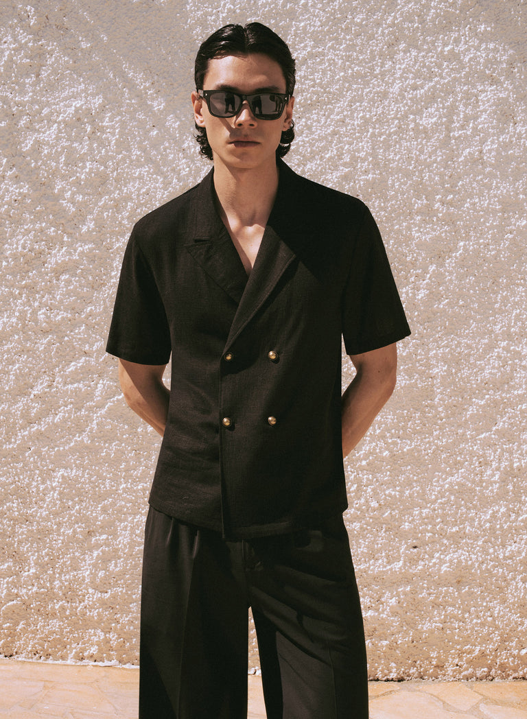Black Short Sleeve Linen Double Breasted Shirt