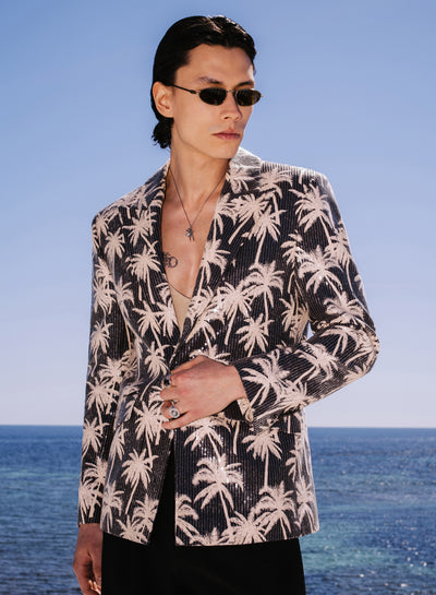 Black Linen Palm Sequin Blazer