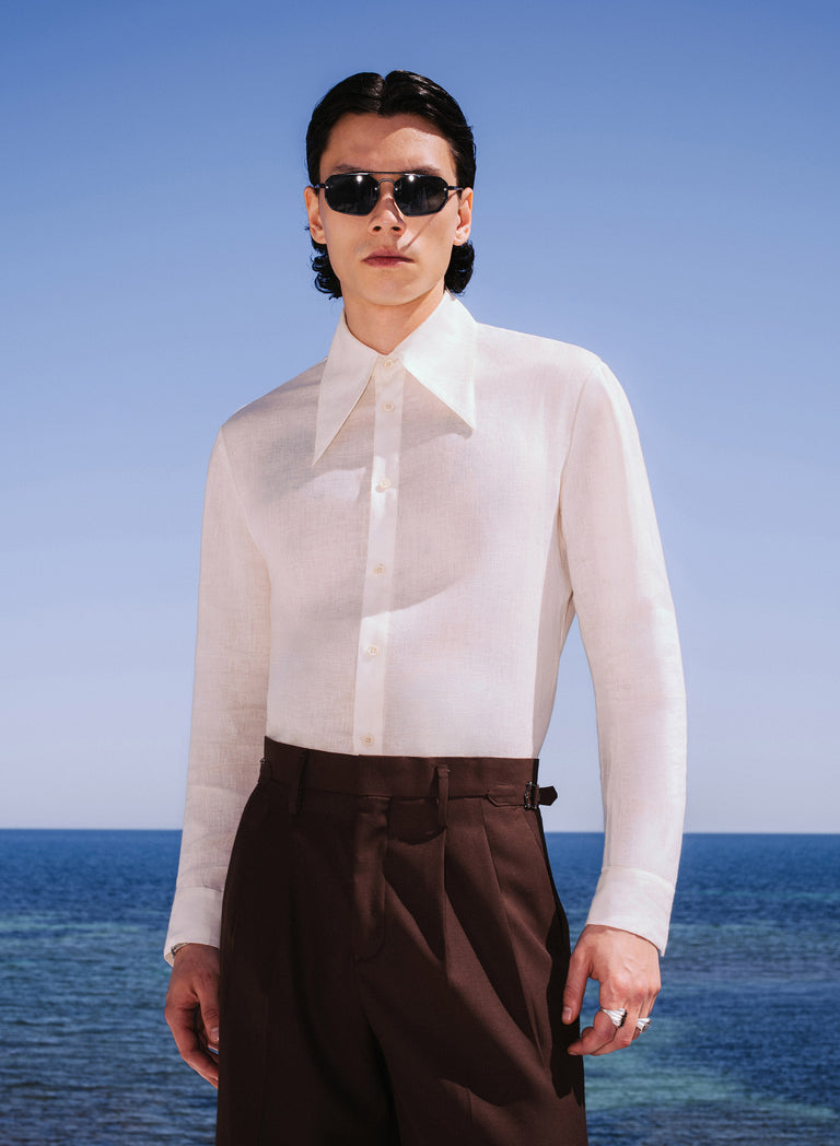 Off-White Pure Linen Dagger Collar Shirt